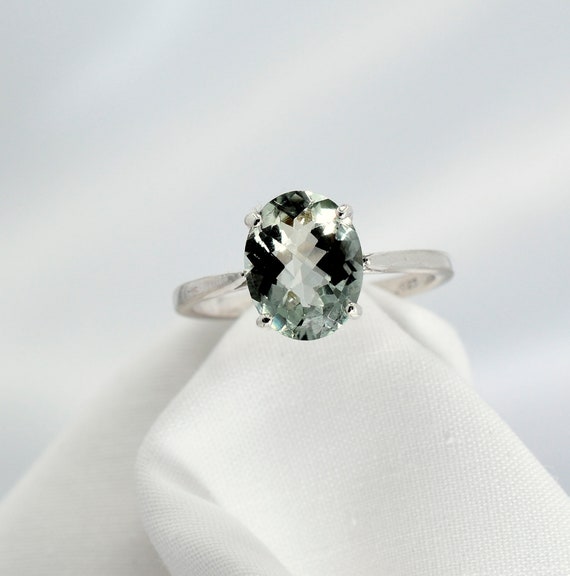 Prasiolite Ring, Green Quartz Ring, Green Amethyst Ring, Checkerboard Cut, Genuine Gemstone 10x8mm Oval, Set In 925 Sterling Silver
