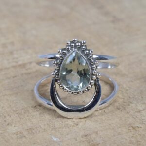 Green Amethyst Sterling Silver Ring: Pear Shape Boho Ring