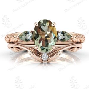 Vintage Green Amethyst Engagement Ring Set For Women 14k Gold Amethyst Wedding Ring Set Art Deco Leaf Design Bridal Ring Set Gift For Women Vintage Green Amethyst Engagement Ring Set For Women 14k Gold Amethyst Wedding Ring Set Art Deco Leaf Design Bridal Ring Set Gift For Women