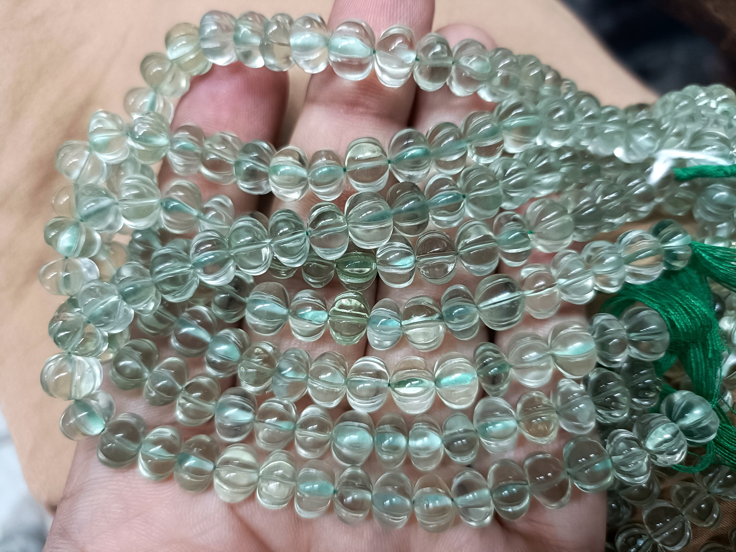7 Inches Strand, Green Amethyst Hydro Quartz Smooth Melon Shape Rondelles Size 7-8mm