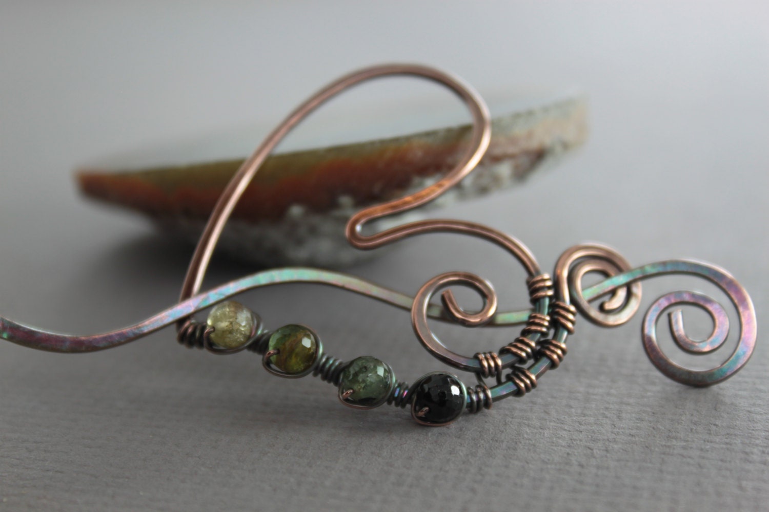 Heart Shawl Pin: Copper Knitting Clasp With Green Amethyst