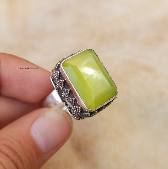 Green Calcite 925 Sterling Silver Ring - Handmade Designer Jewelry