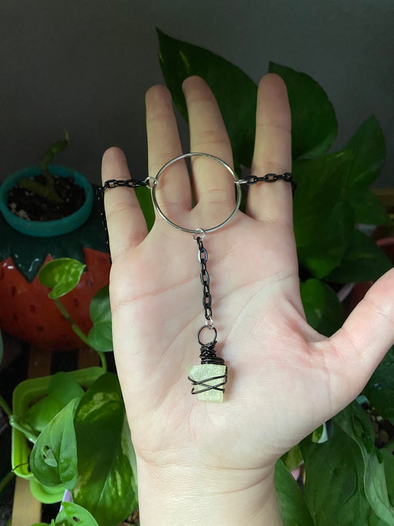 Green Calcite Black Wire Wrapped Boho Crystal Chain Choker