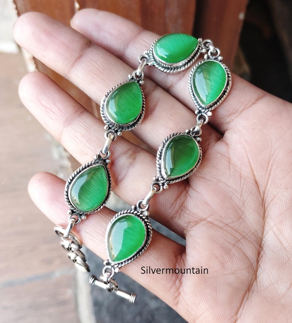 Green Calcite Bracelet, 925 Sterling Silver Toggle Clasp, Handmade Boho Jewelry