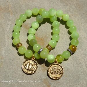 Antique Gold Tree of Life Charm Green Calcite Beaded Bracelet, Yoga Boho Hippie Stacking Layering Elastic Stretch Bracelet, Glitter Fusion