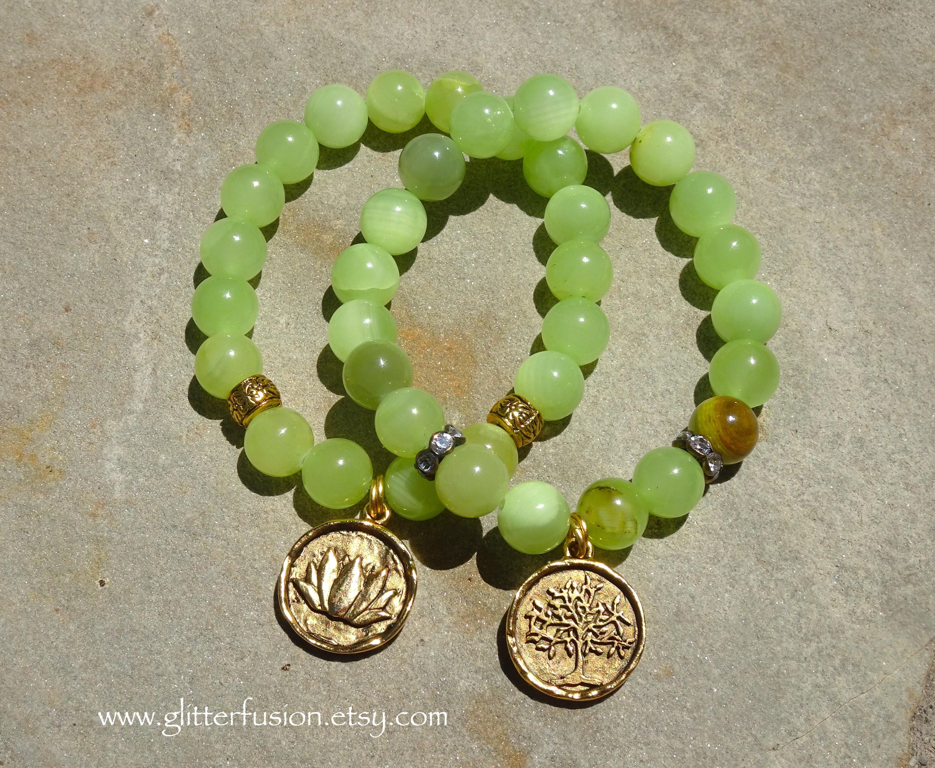 Antique Gold Tree Of Life Charm Green Calcite Beaded Bracelet, Yoga Boho Hippie Stacking Layering Elastic Stretch Bracelet, Glitter Fusion Antique Gold Tree Of Life Charm Green Calcite Beaded Bracelet, Yoga Boho Hippie Stacking Layering Elastic Stretch Bracelet, Glitter Fusion