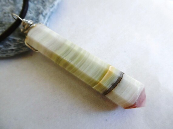 Green Calcite Banded Sterling Silver Pendant- Stick Crystal Natural Necklace- Wire Wrapped Gemstone Jewelry