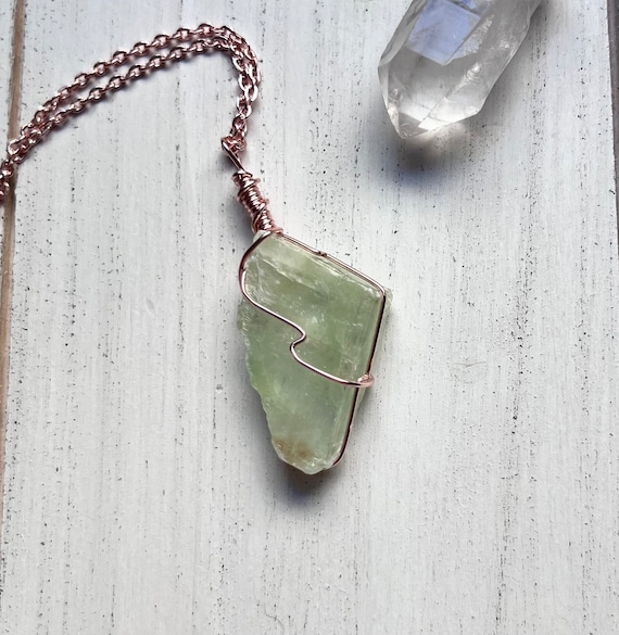Green Calcite Crystal Pendant: Tarnish Resistant Wire Wrapped Necklace
