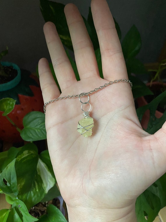 Green Calcite Dainty Wire Wrapped Boho Crystal Necklace Green Calcite Dainty Wire Wrapped Boho Crystal Necklace