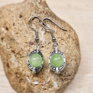 Green calcite earrings. Reiki jewelry uk. Silver plated Small minimalist oval frame dangle drop earrings.