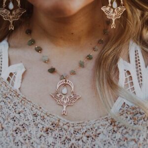 Green Calcite Moth Moon Gold Crystal Necklace
