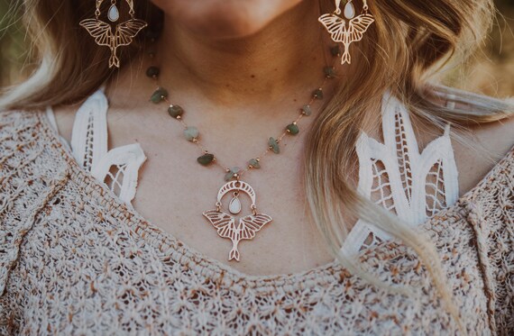 Green Calcite Moth Moon Gold Crystal Necklace Green Calcite Moth Moon Gold Crystal Necklace