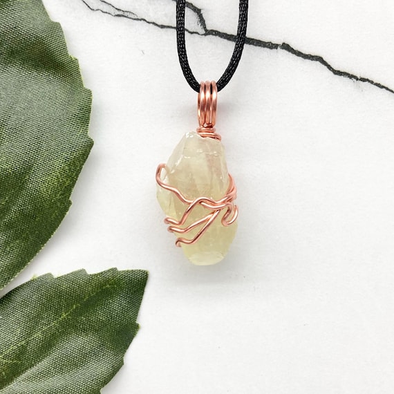 Green Calcite Necklace, Copper Wire Wrapped Raw Crystal Pendant, Heart Chakra Jewelry