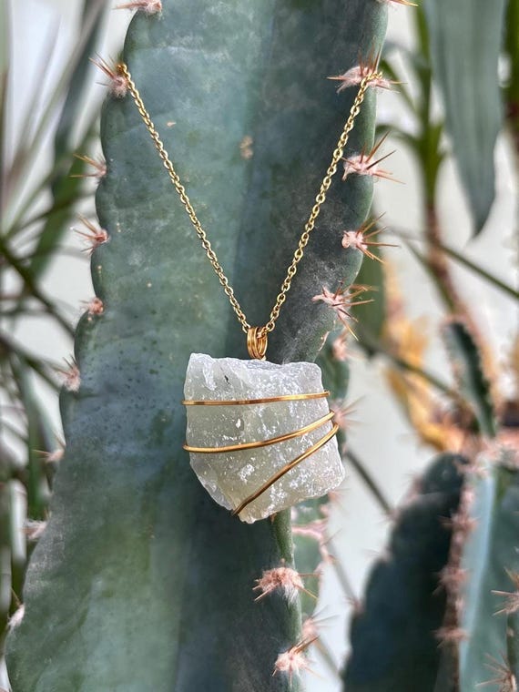 Green Calcite Necklace - Wire Wrapped Gemstone Pendant, Handmade Healing Crystal Jewellery, Gold Rough Raw Dainty Boho Layering Minimalist