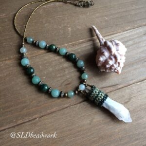 Green Calcite necklace wrapped gemstone aventurine peyote seed beaded jewelry pendant bronze handmade tribal unique raw jewelry women men