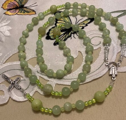 Catholic Rosary Green Calcite Beads Which Flow Under Black Light Italian Silver Medal And Crucifix Very Relaxing Color