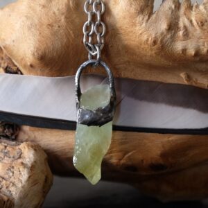 Green calcite pendant crystal necklace. Gunmetal grey patina. Soldered handmade, mystical stone for prosperity, success, and manifesting