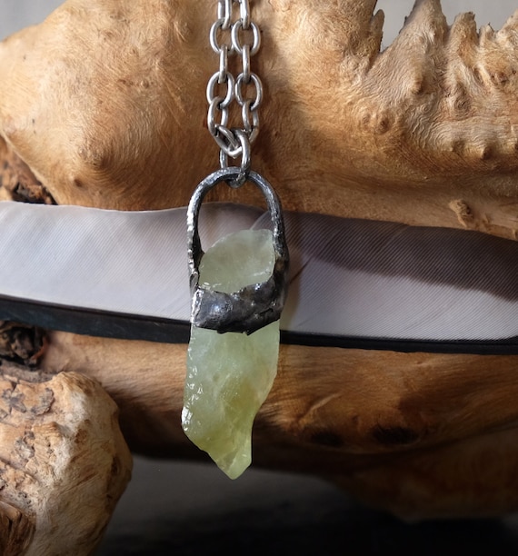 Green Calcite Pendant Crystal Necklace. Gunmetal Grey Patina. Soldered Handmade, Mystical Stone For Prosperity, Success, And Manifesting