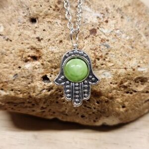 Green calcite pendant. Hamsa necklace. Reiki jewelry uk. Silver plated Wire wrap pendant.