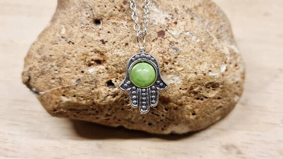 Green Calcite Pendant. Hamsa Necklace. Reiki Jewelry Uk. Silver Plated Wire Wrap Pendant.