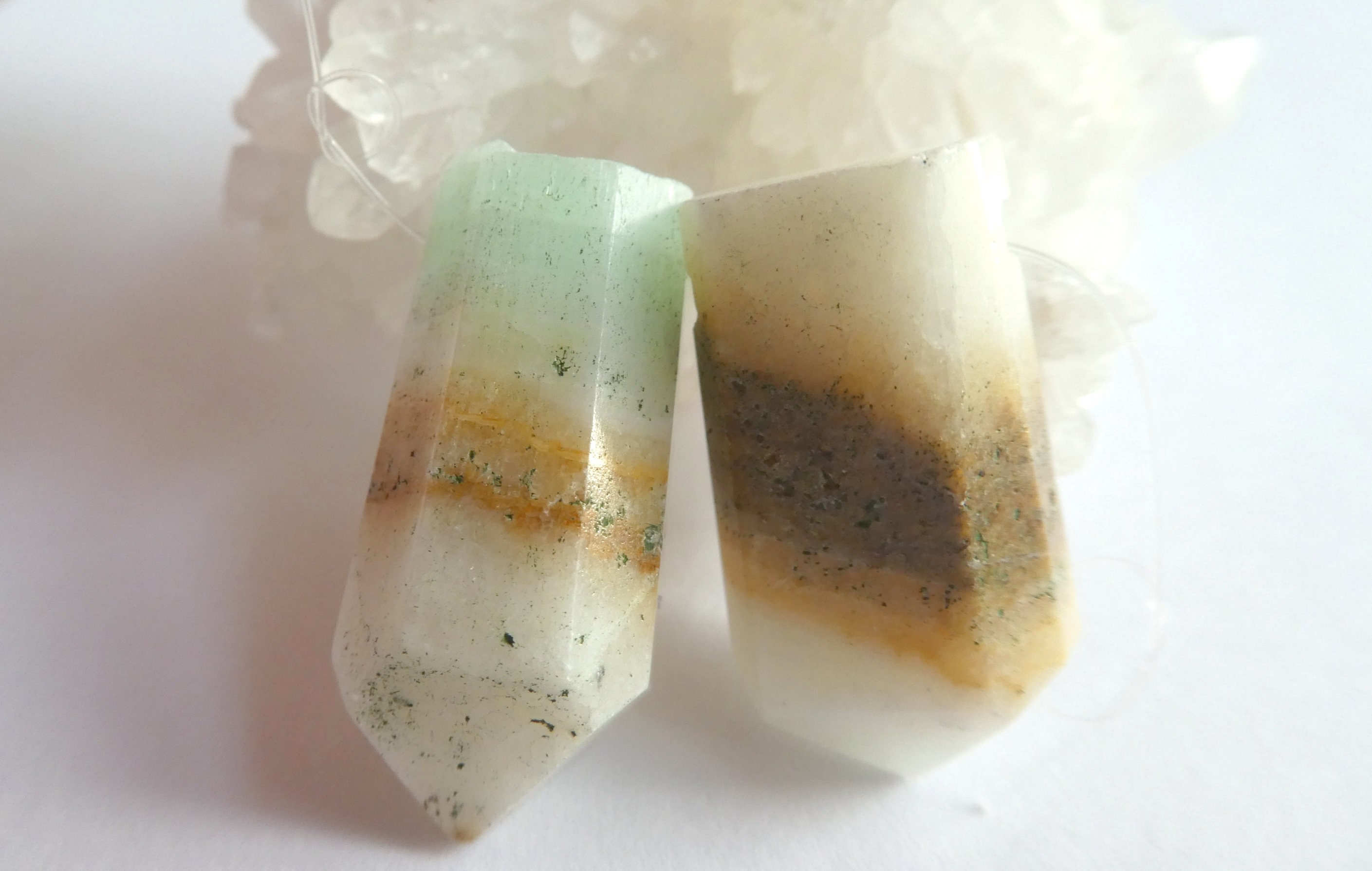 Mint Green Calcite Crystal Point Beads-24-26mm Chunky Banded Brown-2 Pcs-pendant Craft Beads-jewelry Making