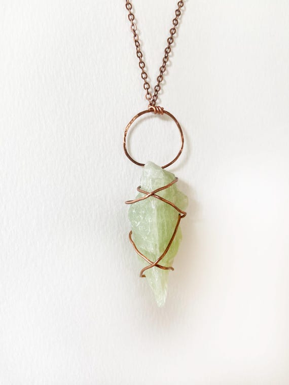 Green Calcite Pendant Necklace, Wire Wrapped Copper, Genuine Raw Crystal Gemstone, Minimalist Bohemian Authentic Ooak Handmade Jewelry