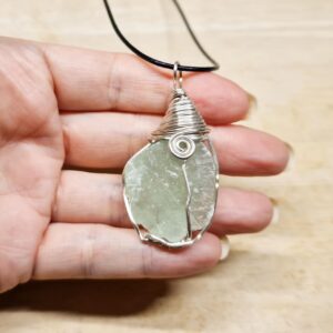 Raw crystal necklace. Raw Green calcite pendant. Crystal Reiki jewelry uk. Silver plated Wire wrapped pendant