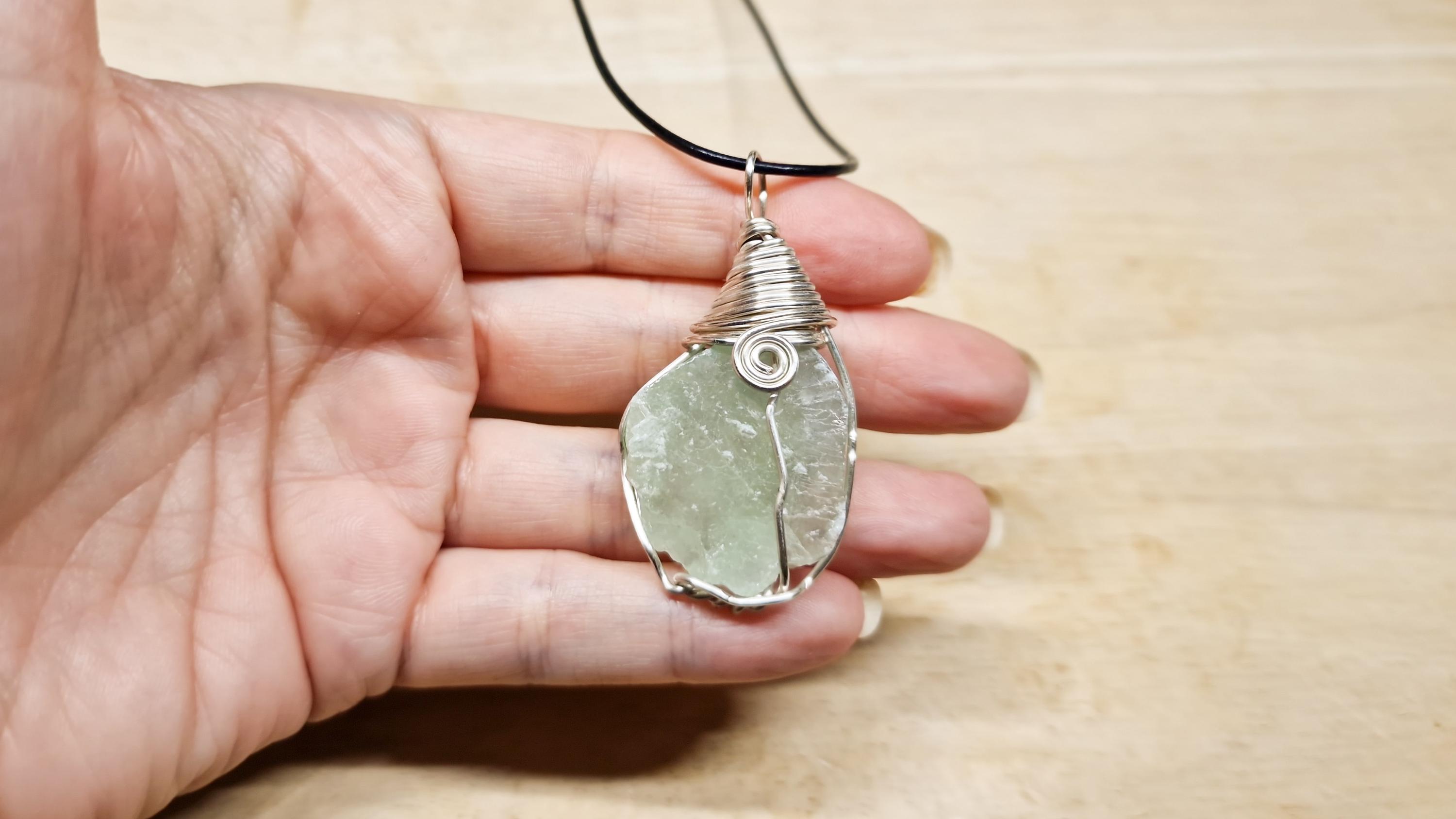 Raw Crystal Necklace. Raw Green Calcite Pendant. Crystal Reiki Jewelry Uk. Silver Plated Wire Wrapped Pendant