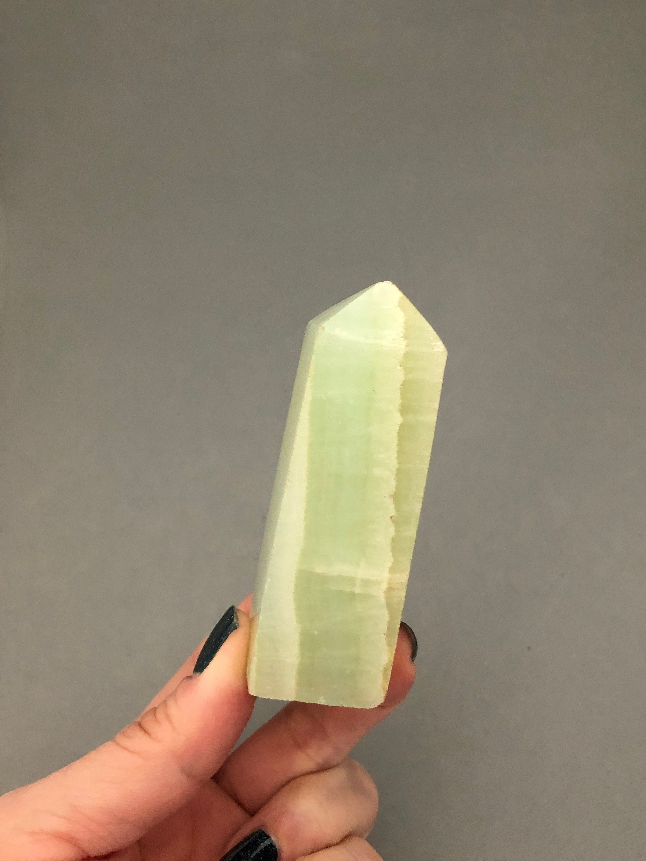 Green Calcite Obelisk Point For Meditation Crystal Palm Stone, Astral Travel, Channeling, Altars, Grids, Heart Chakra, Metaphysical Crystal