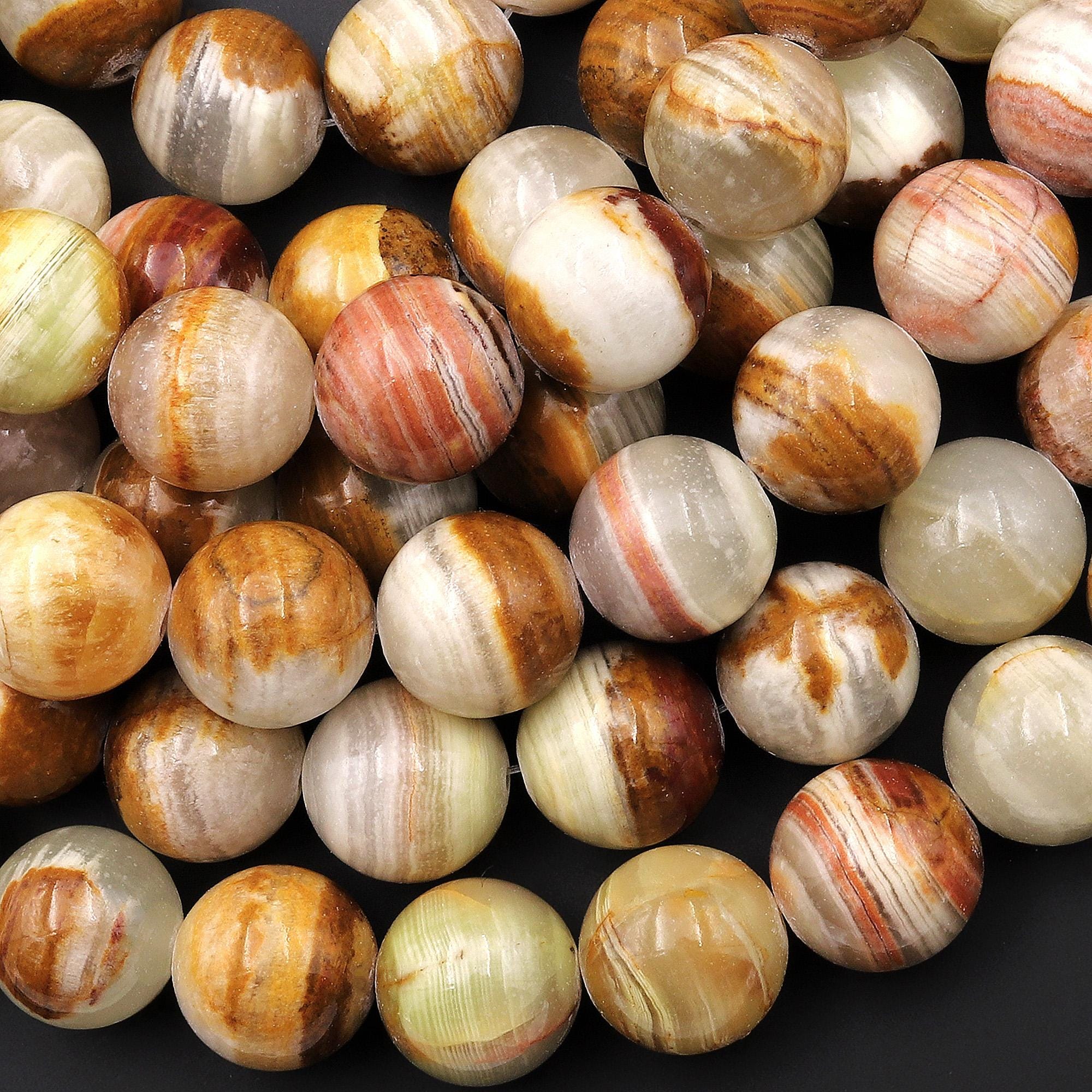 Aaa Natural Striped Brown Yellow Green Calcite Round Beads 14mm 15.5" Strand