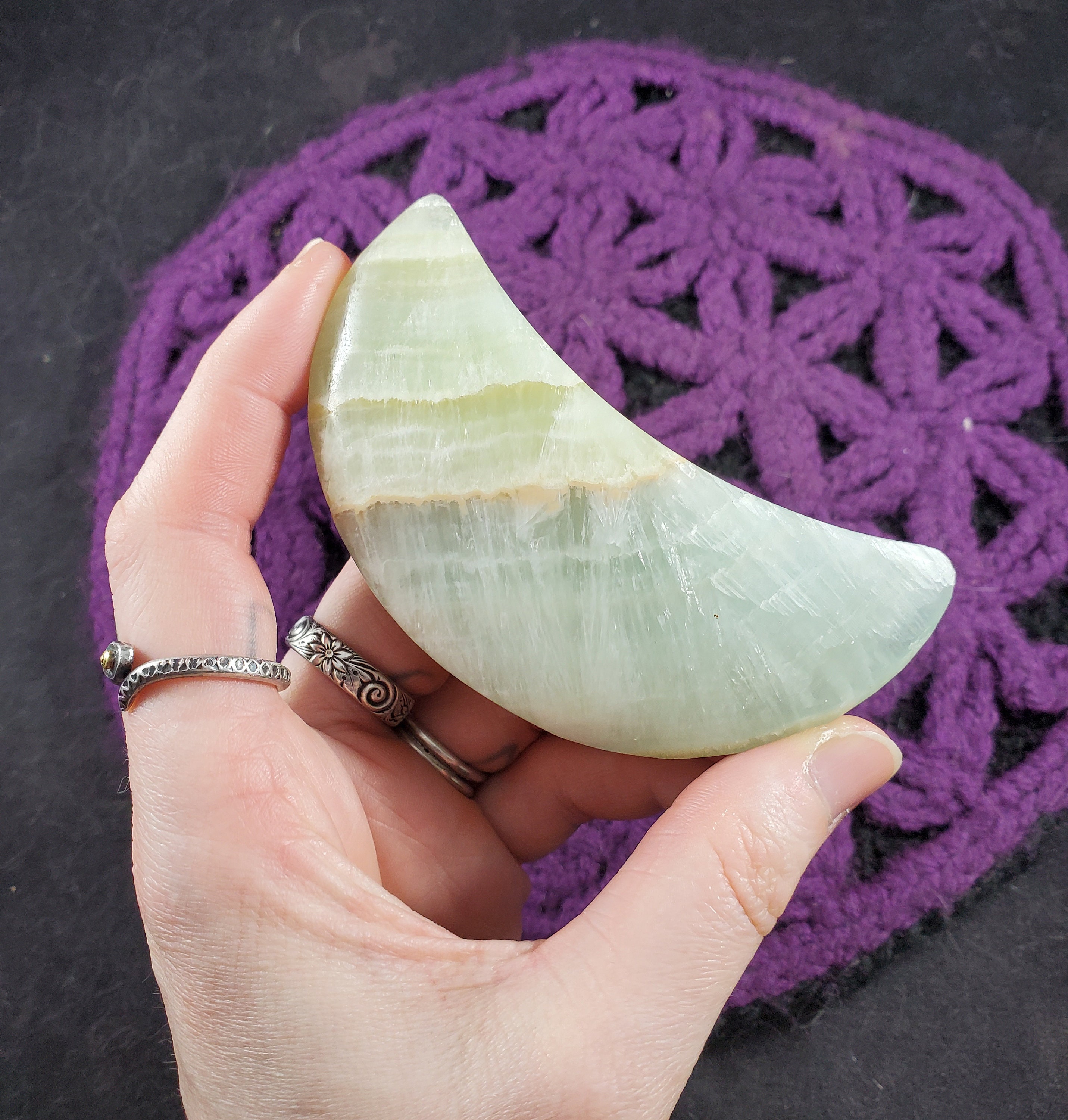Pistachio Green Calcite Crescent Moon Carving Crystals Magick Stones New Find Starseed Polished Carved Moonchild Banded Pakistan