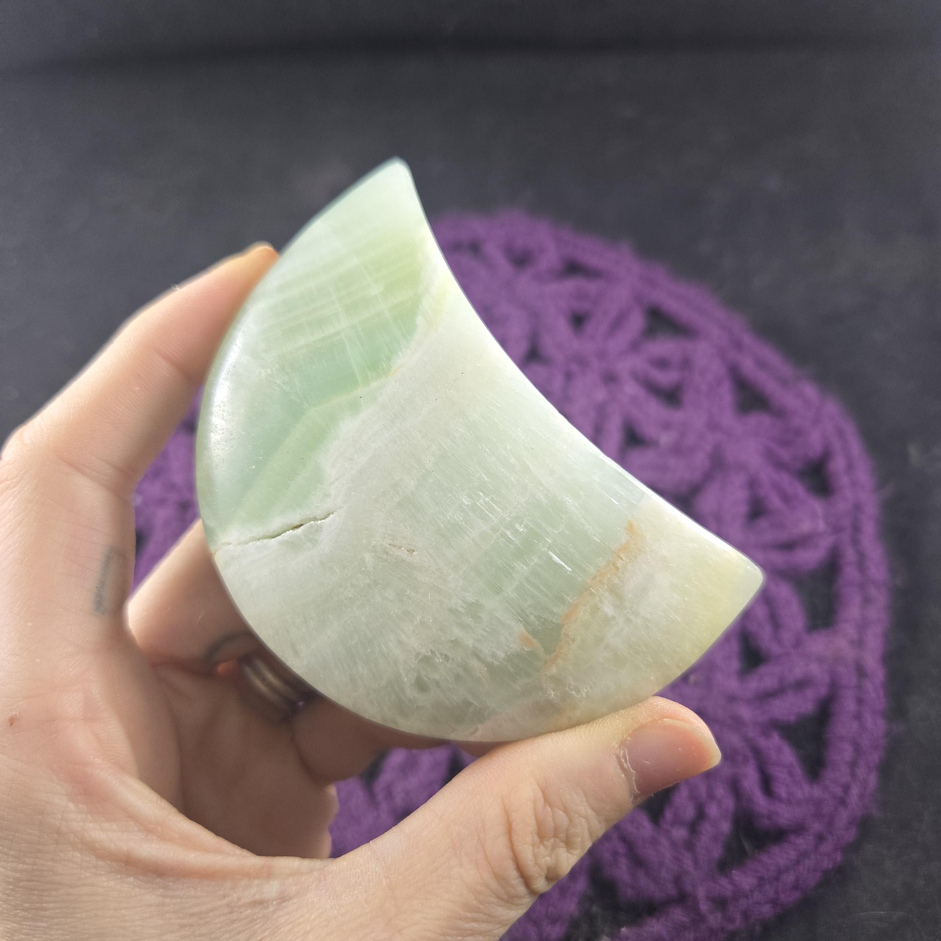 Pistachio Green Calcite Crescent Moon Carving Crystals Magick Stones New Find Starseed Polished Carved Moonchild Banded Pakistan