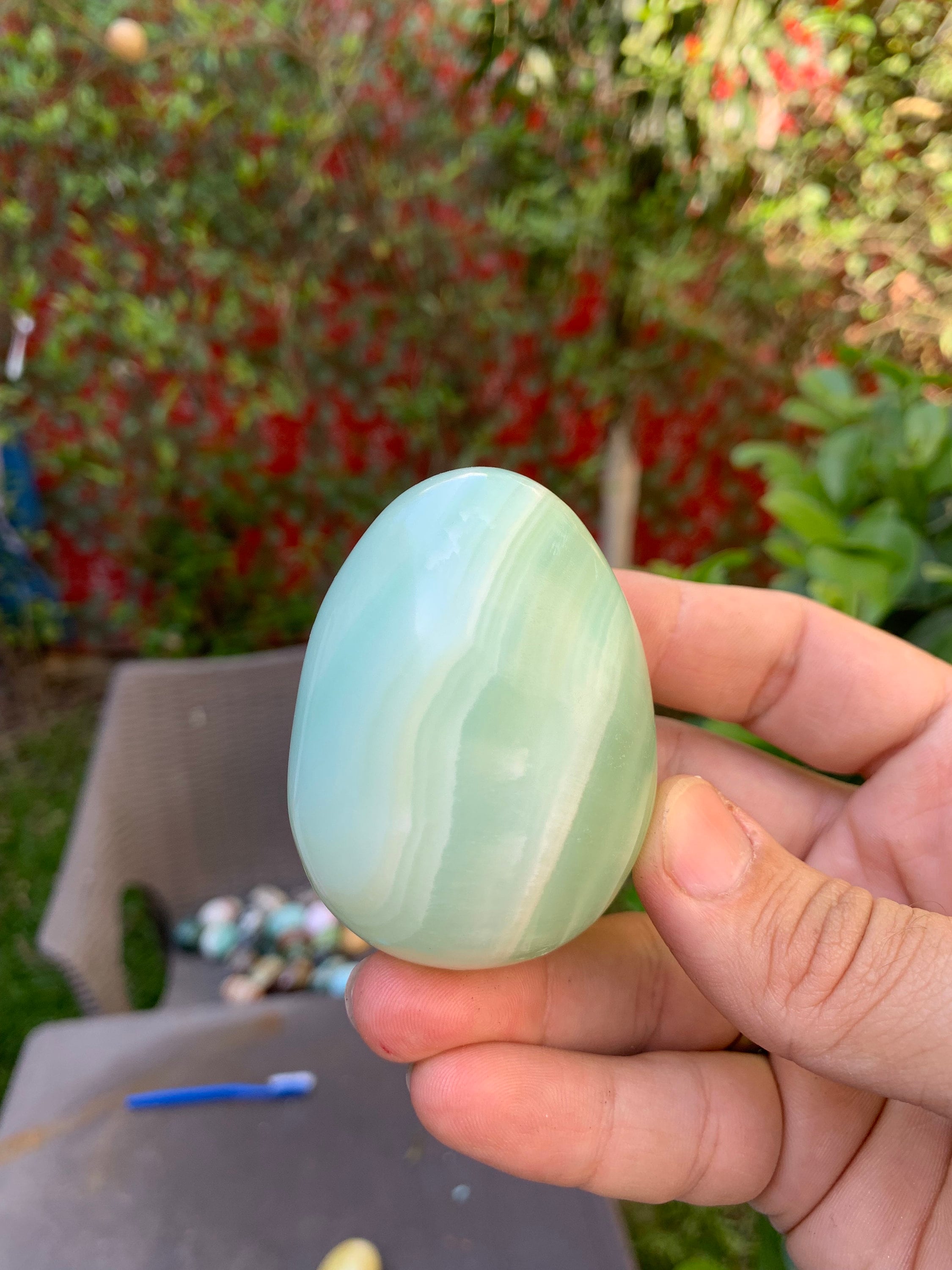 Pistachio Calcite Egg, Banded Green Gemstone, Crystal Healing
