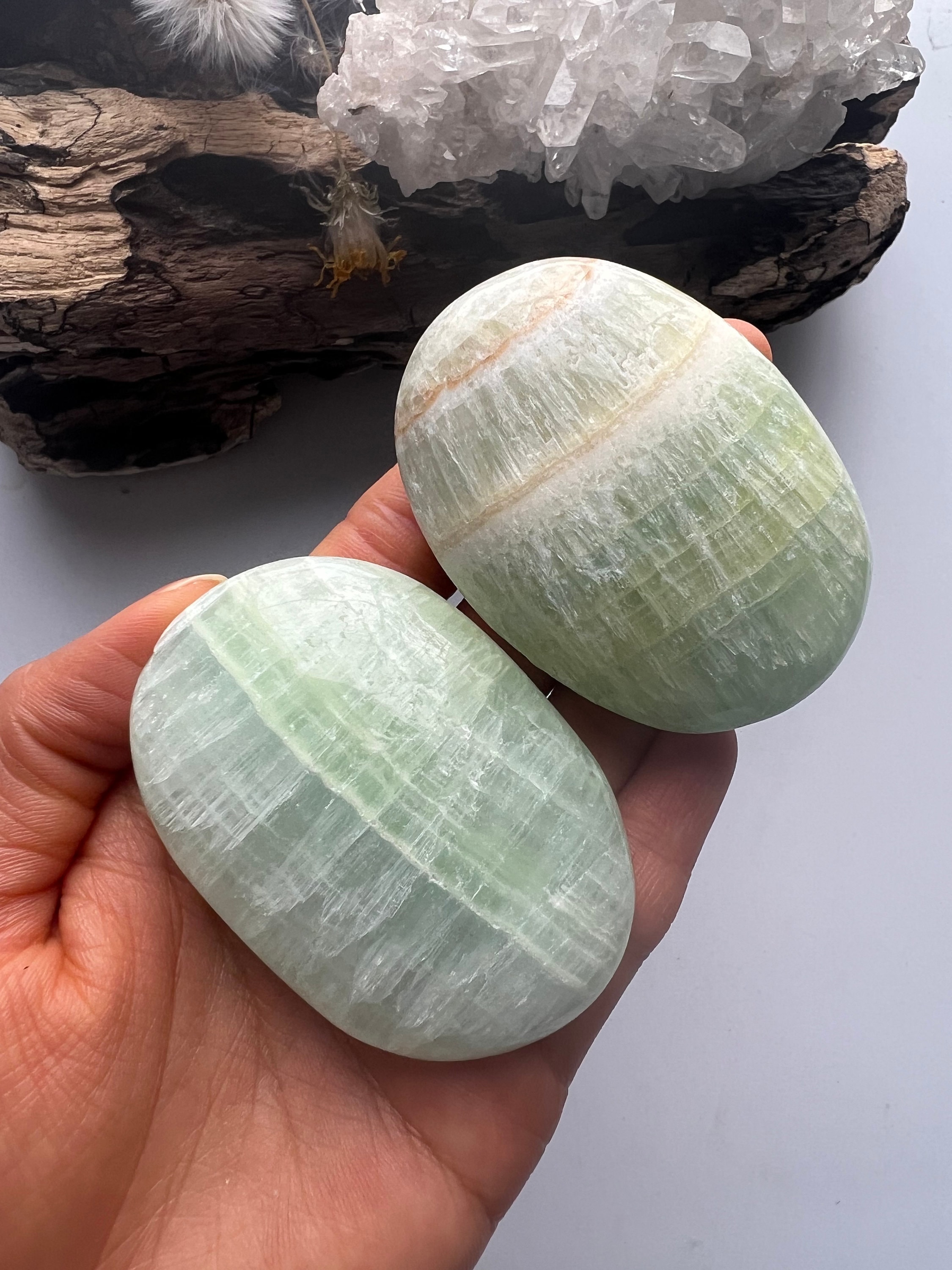 Pistachio Calcite Palm Stone, Green Crystal, Chakra Healing