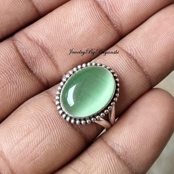Green Calcite Sterling Silver Ring - Handmade Oval Gemstone Jewelry