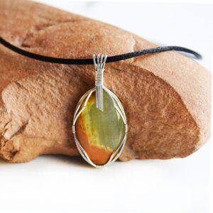 Green Calcite & Sterling Silver Wire Wrapped Pendant Necklace