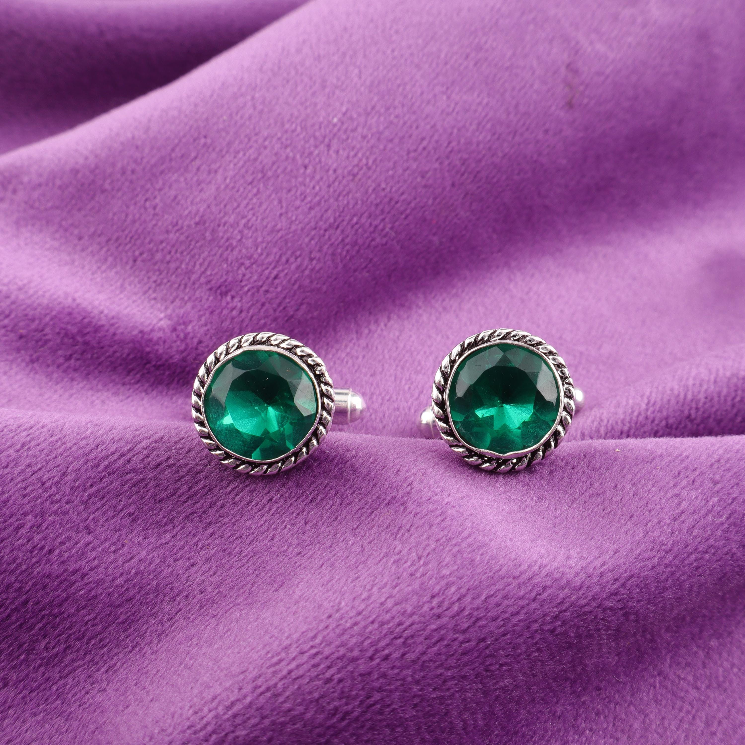 Green Emerald Cufflinks/ Silver Emerald Green Gemstone Cuff Links/ Minimalist Luxury Crystal Father Of The Bride Jewelry, Best Man Gifts