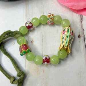 Green Stacking Stretch Bracelet, Hand Painted Tulip Gem Bracelet with Leather Lace, Enamel Flower Bud Beaded Bracelet, Spring Bracelet