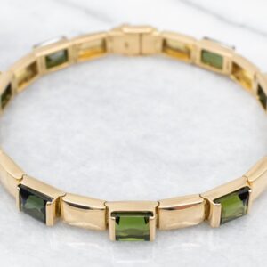 18k Yellow Gold Green Tourmaline Link Bracelet, Modernist Gemstone