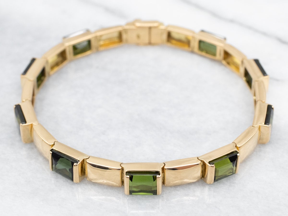18k Yellow Gold Green Tourmaline Link Bracelet, Modernist Gemstone