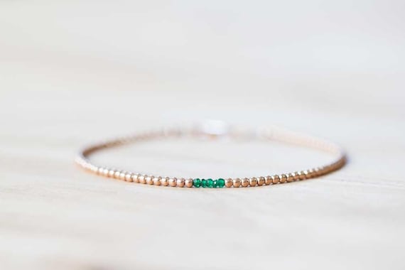 Delicate Rose Gold Filled Bracelet With Green Tourmaline, Dainty Skinny Beaded Chrome Tourmaline Jewelry, Sterling Silver