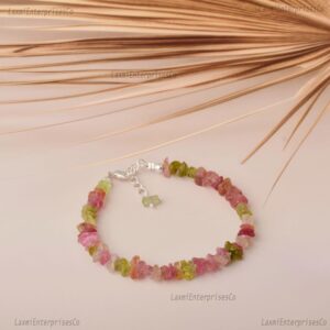 Natural Uncut Pink Green Tourmaline Bracelet In 925 Sterling Silver, Dainty, Rough Gemstone Bracelet, Rough, Uncut Stone Bracelet, Gift Her