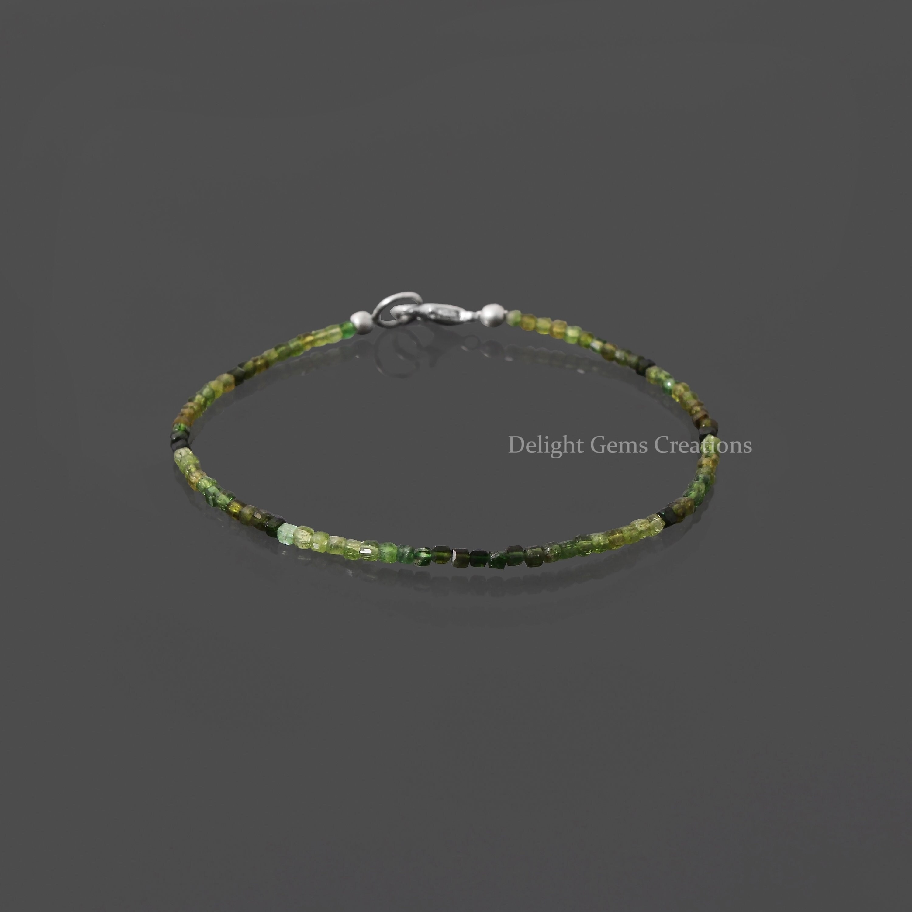 Shaded Green Tourmaline Cube Bead Bracelet, 2mm Micro Faceted Box Cube Beads, Handmade Beaded Bracelet, Women's Minimalist Bead Bracelet