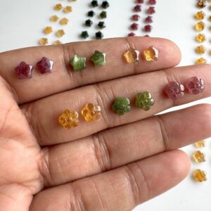 5.5mm to 6mm Natural Pink/Yellow/Green Tourmaline Hand Carved Flower/Star Shape Matched Pair Gemstone Cabochon, Carved Tourmaline, GDS2282/6