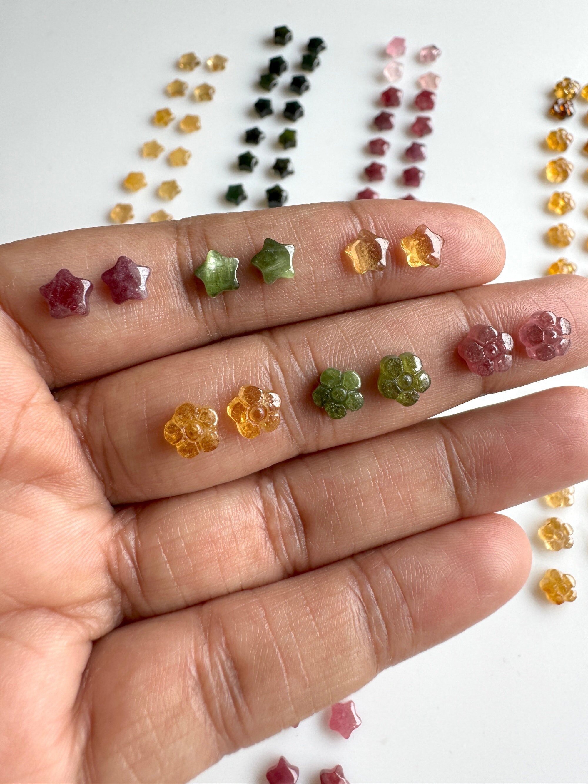 5.5mm To 6mm Natural Pink/yellow/green Tourmaline Hand Carved Flower/star Shape Matched Pair Gemstone Cabochon, Carved Tourmaline, Gds2282/6