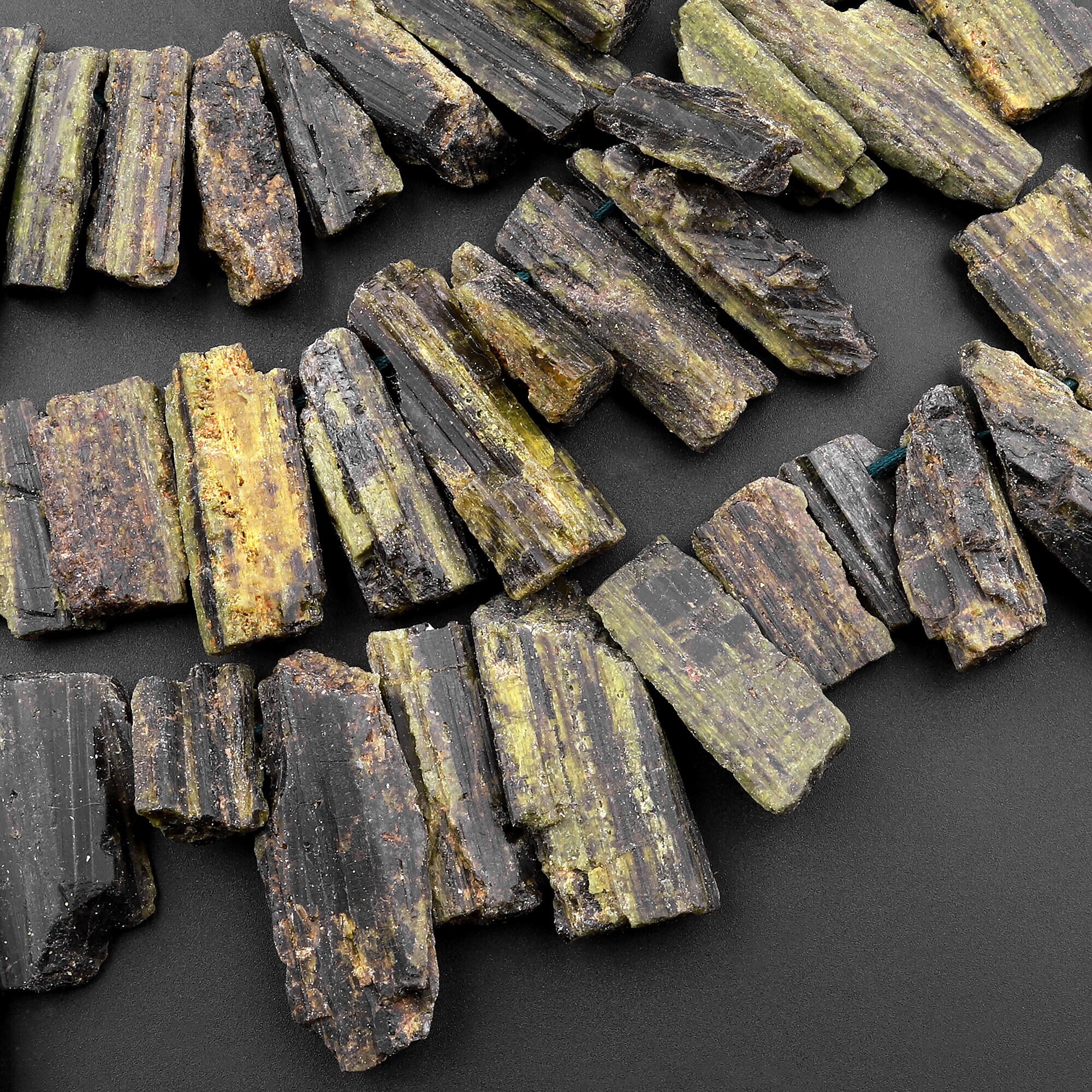 Rough Raw Natural Green Tourmaline Beads Unpolished Freeform Irregular Long Spike Rectangle Gemstone 15.5" Strand Rough Raw Natural Green Tourmaline Beads Unpolished Freeform Irregular Long Spike Rectangle Gemstone 15.5" Strand