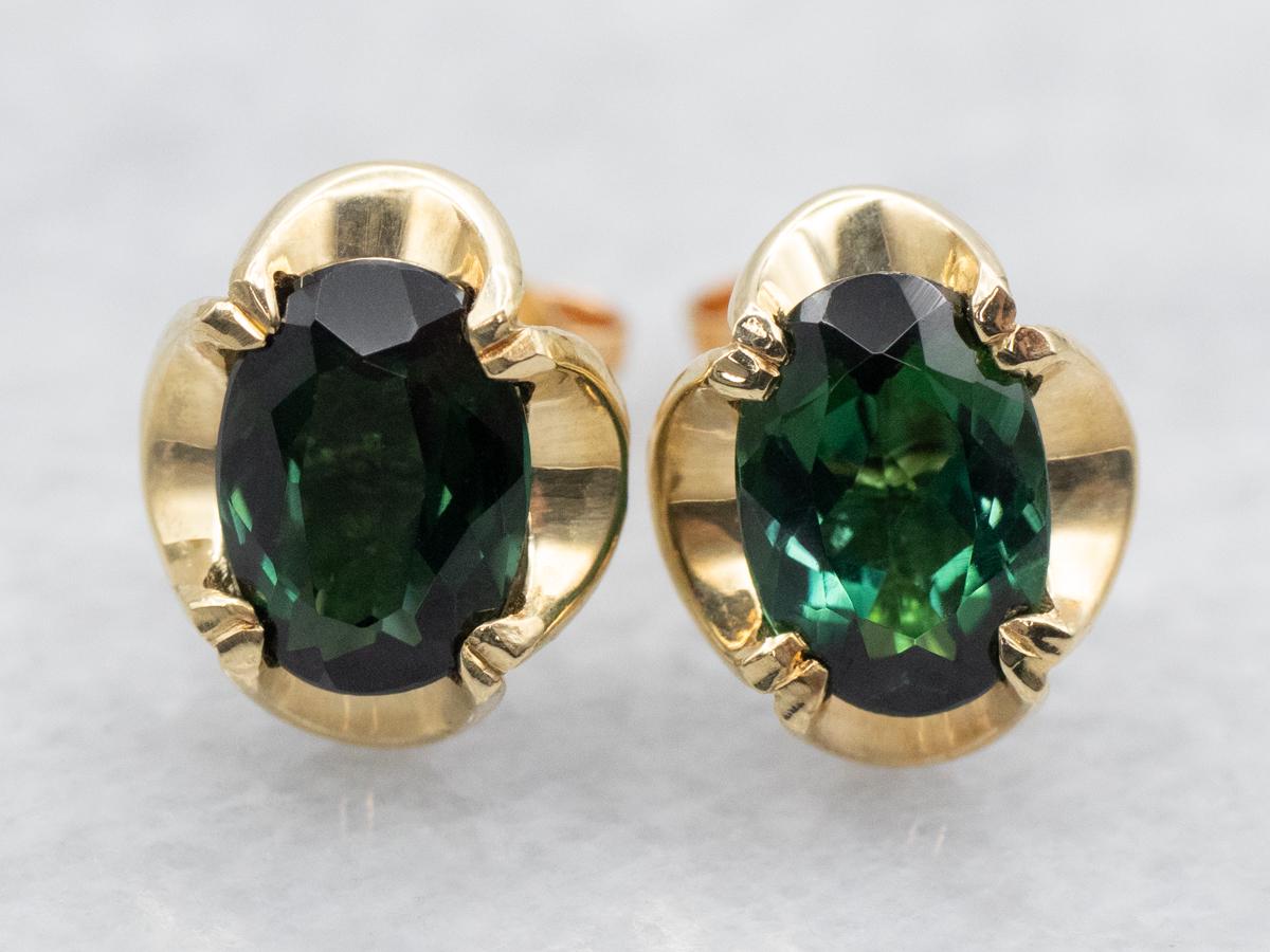 14k Yellow Gold Green Tourmaline Stud Earrings