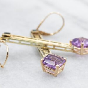 14K Yellow Gold Amethyst Drop Earrings, Green Tourmaline Accent