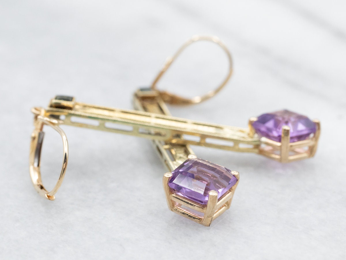 14k Yellow Gold Amethyst Drop Earrings, Green Tourmaline Accent