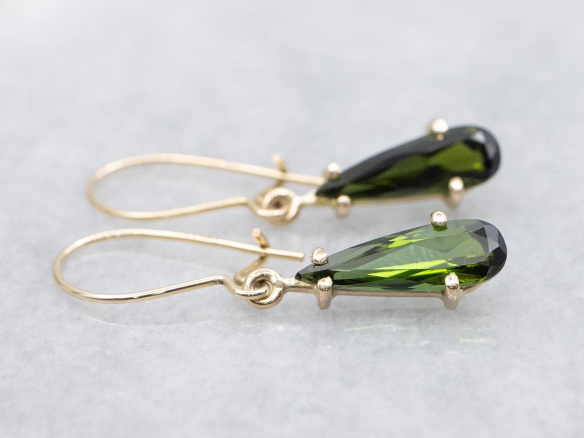 14k Yellow Gold Green Tourmaline Pear Cut Drop Earrings